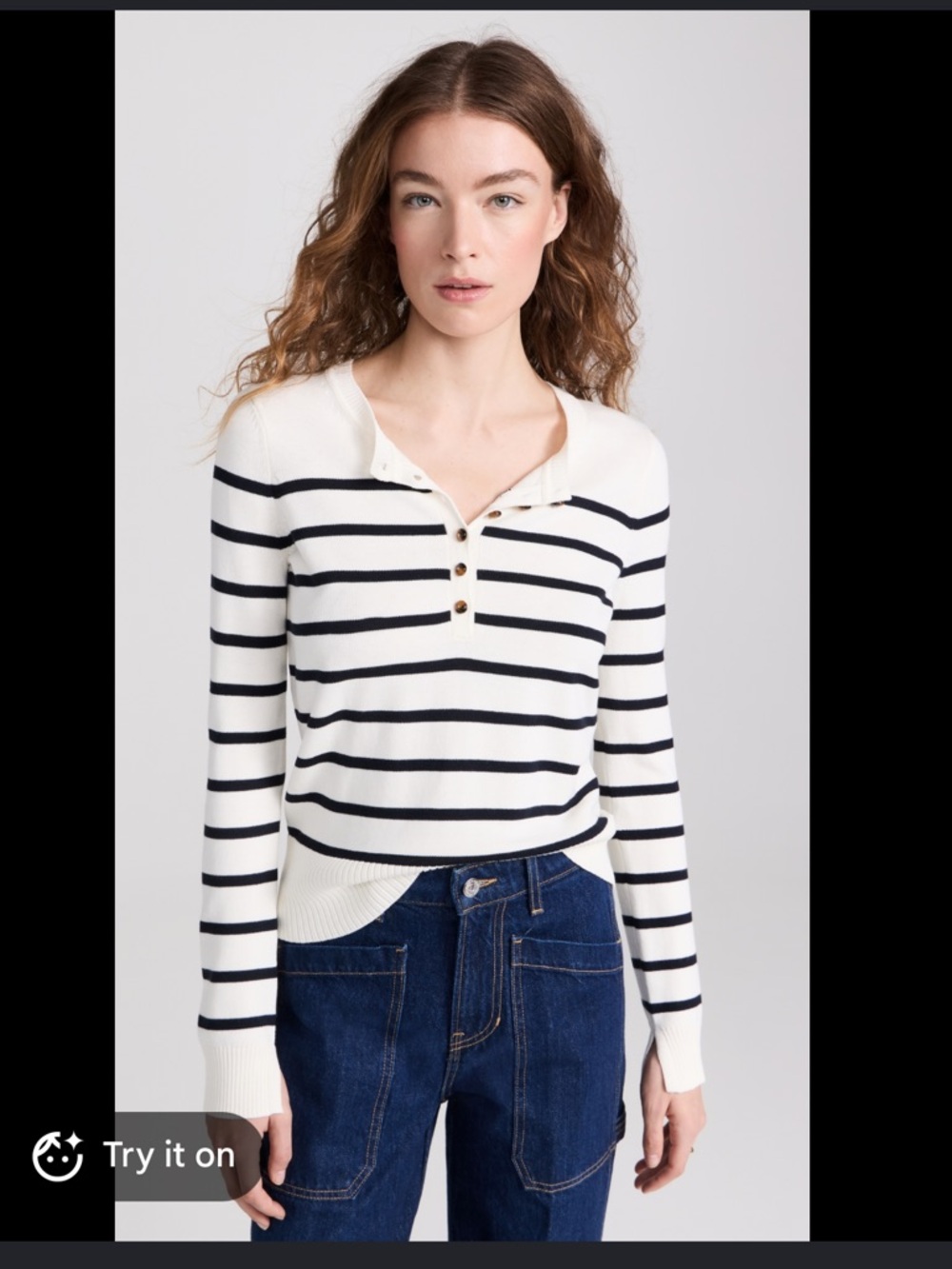Veronica Beard Dianora Striped Henley Knit Sweater Off White Navy Size M